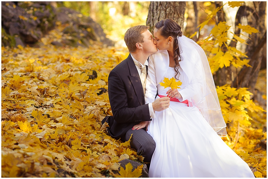 ALT="wedding couple kissing golden leaves, park, yellow, estonia, katrin press photography"